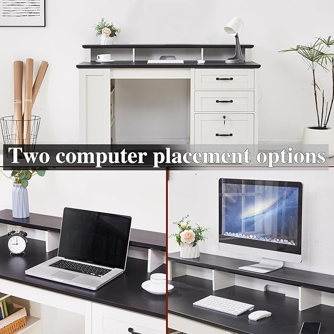 55”Farmhouse Executive Desk with Side Bookshelf Home Office Desk with Monitor Stand 2 Drawers &amp Lockable File CabinetRustic Computer Desk with Built-in Power Outlet (55)