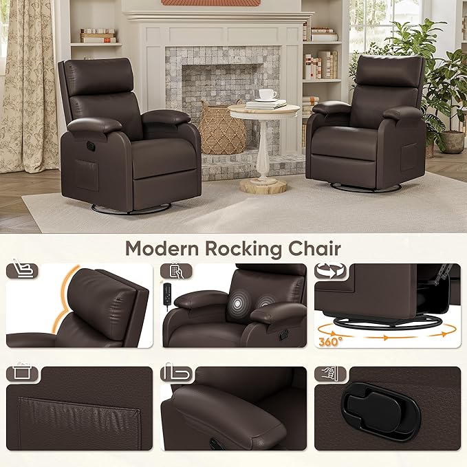 Homall Recliner Chair 360 Swivel Rocking Chair for Adults Massage Nursery Chair with Adjustable Backrest and Footrest PU Leather Glider Rocker Recliners with Side Pocket for Living Room (Brown)