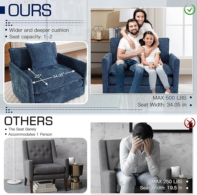 Oversized Accent Chair with Ottoman Modern Cloud Chaise Lounge Chair Indoor with Deep Seat Upholstered Comfy Armchair Reading Chairs Sofa for Bedroom Living Room Apartment Blue Chenille