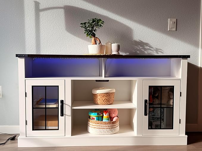 WLIVE Farmhouse TV Stand for 65 Inch TV Tall Entertainment Center with LED Lights &amp Storage Cabinets TV Media Console Table with Adjustable Shelf for Living Room Bedroom Home Theater Milk Whi