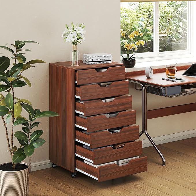 7 Drawer File Cabinet 34.5 Vertical Storage Drawer Cart Under Desk Office Organizer Wooden Printer Stand Rolling Filing Cabinet for Home Office (Walnut)
