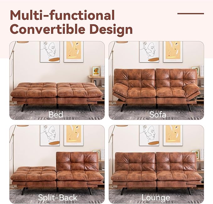 Convertible Futon Sofa BedFaux Leather Futon CouchMemory Foam Futons BedSmall Splitback Modern Loveseat Sleeper Sofa for Living RoomOfficeApartmentBrown