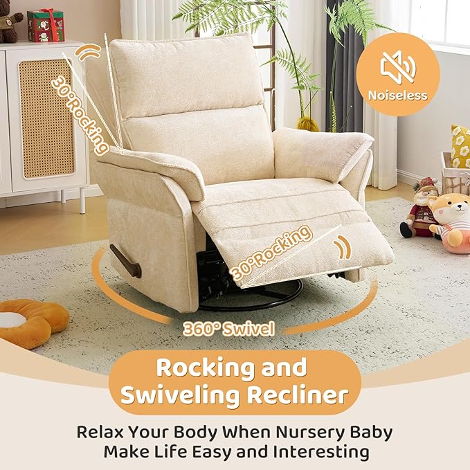 Oversized Rocking Chair Nursery with Adjustable Headrest 26 Wide Swivel Rocker Recliner Nuresry Chair with Overstuffed ArmrestManual Rocker Recliner for NurseryBeige