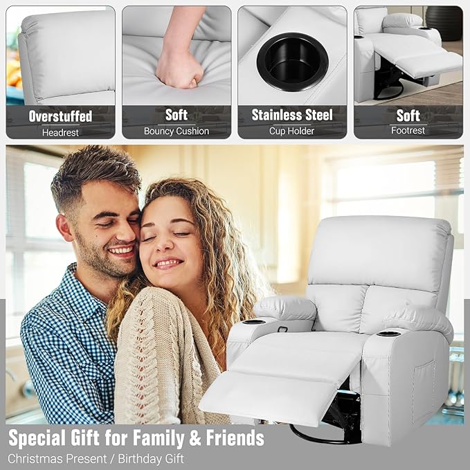 LEVELEVE Rocking Recliner Chair Massage Rocker Recliner Chair with Vibration Massage and Heat 360° Swivel Recliner Chairs Living Room Bedroom Nursery RV Grey