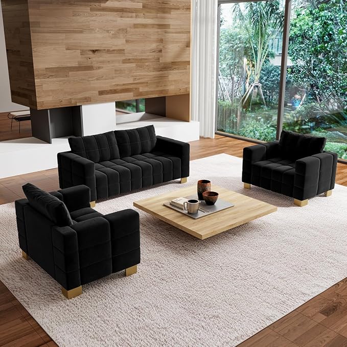 81.89 Sofa Comfy 3 Seat Sofa Tufted Chenille Upholstered Sofa Couch for Living Room with Gold Metal Legs and 2 Throw Pillows (Black+1.5S+1.5S)