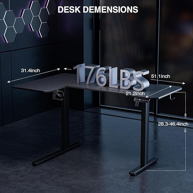 51 Reversiable L-Shaped Electric Standing Desk Adjustable Height Gaming Stand Up Corner Desk Sit Stand Home Office Computer Desk with Splice BoardBlack Carbon Top