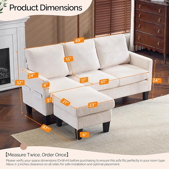 VINGLI 68.5' L Shaped Couch with Movable Storage Ottoman Convertible Sectional Sofa in Soft Corduroy Fabric Modern Reversible Chaise Couch for Small Spaces Apartment Living RoomCream White