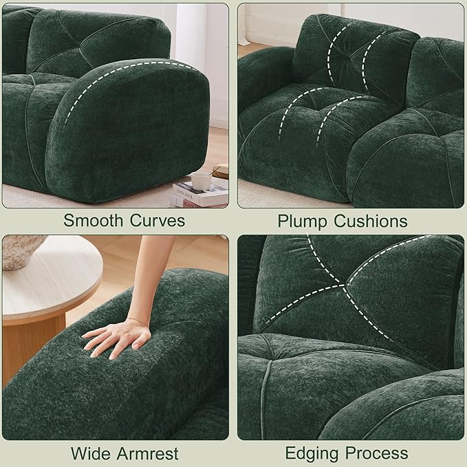 Boneless Couch Modular Sectional Sofa 80.3 Sectional Couches for Living Room Upholstered Cloud Couch Retro Velvet Floor Sofa with Ottoman Deep Seat Loveseat for BedroomGreen