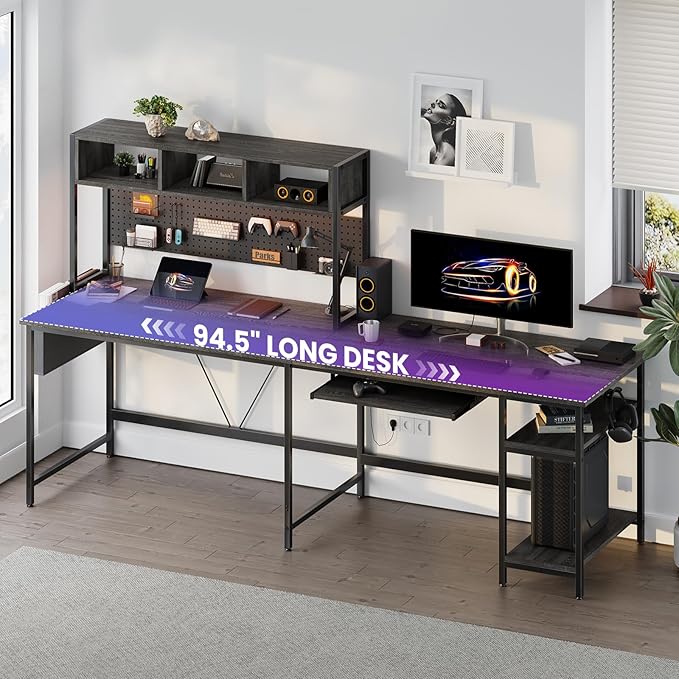 DUMOS L Shaped Gaming Desk 67” Reversible Computer Desks with Led Lights Corner Table with Keyboard Tray Side Bag Storage Shelf Metal Frame Wood Writing for Home Office Bedroom Grey