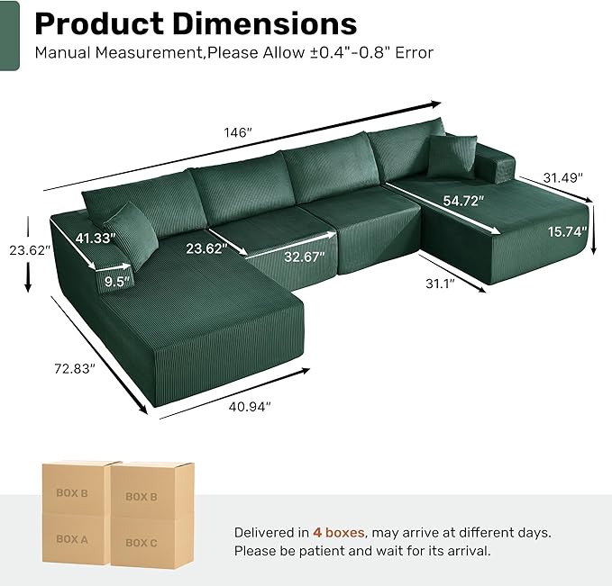 Modular Sectional Sofa146 U-Shaped Boneless Sofa for Living RoomOversized 4-Seater Deep Seat Cloud CouchesCorduroy Upholstered Corner Sofa CouchNo Assembly RequiredGreen