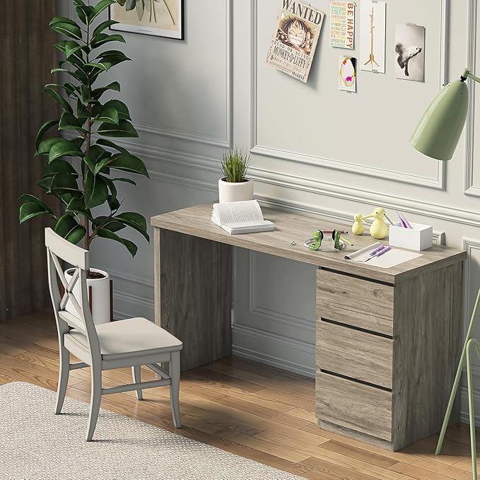 furtble Computer Desk with Drawers 53.5 inches Wood Work Desk Home Office PC Desk Workstation with Storage Farmhouse Computer Table for Bedroom Living Room Grey Oak