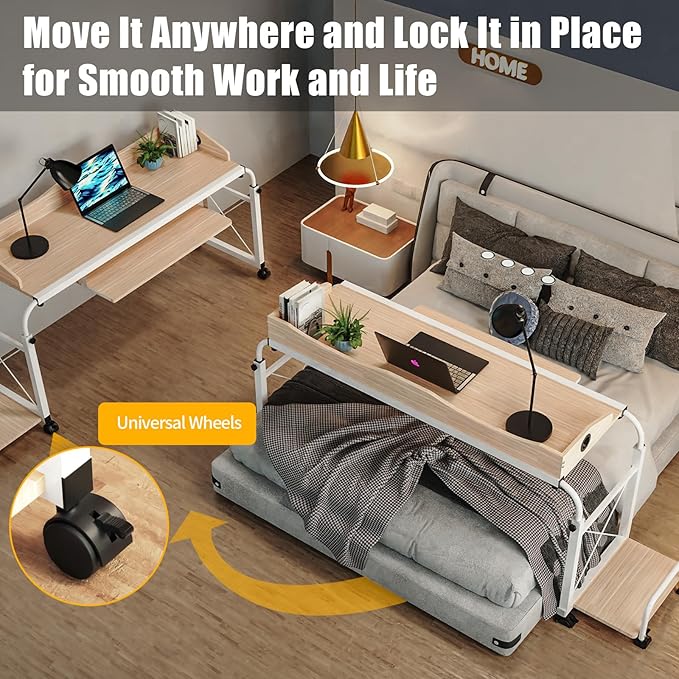 Mobile Stretchable DeskHeight&ampWidth Adjustable Laptop Desk with Wheels Storage Desk Home Office Computer Workstation Portable Rolling Table Laptop Cart for SittingWhite
