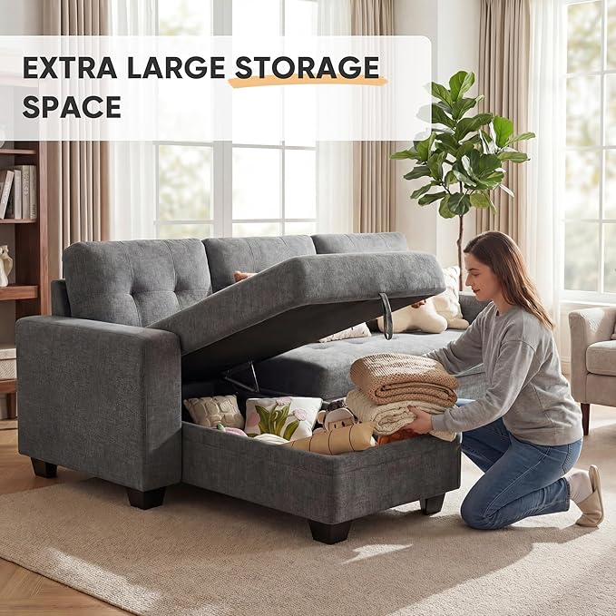 JUMMICO Sofa Bed Sleeper Pull Out Couch with Reversible Storage Chaise Convertible L Shaped Sectional Couches for Living Room Apartment (Linen Fabric Dark Grey)