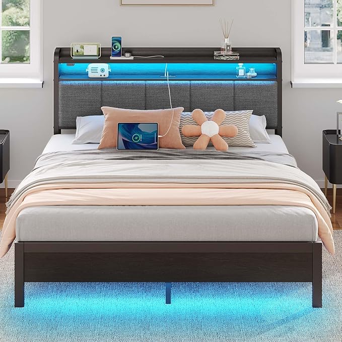 Rolanstar Queen Bed Frame with LED Lights Upholstered Headboard Charging Station Storage Shelves Heavy Duty Metal Slats No Box Spring Needed Noise Free Easy Assembly Dark Grey