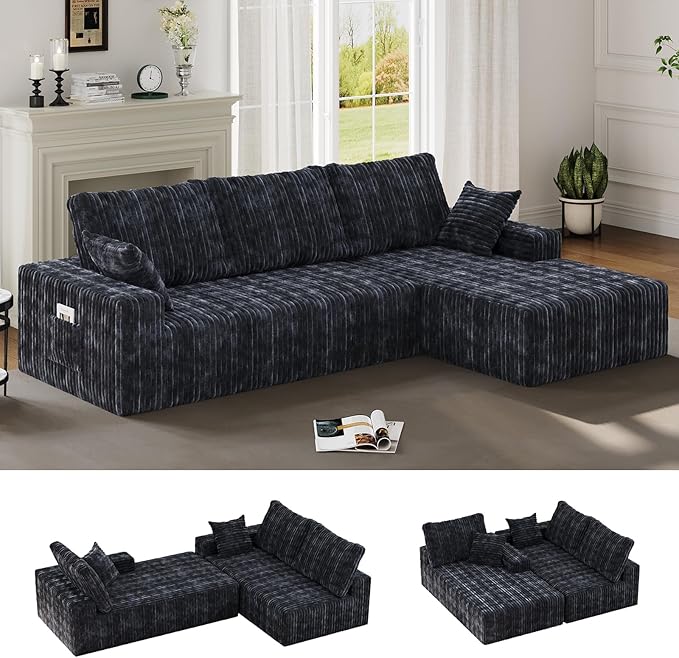 107 Sectional Couches 4 Seat Modular Sectional Sofa with Right Chaise Lounge Boneless Cloud Couch Upholstered Couch for Apartment Living Room No Assembly Required (Grey Stripe)