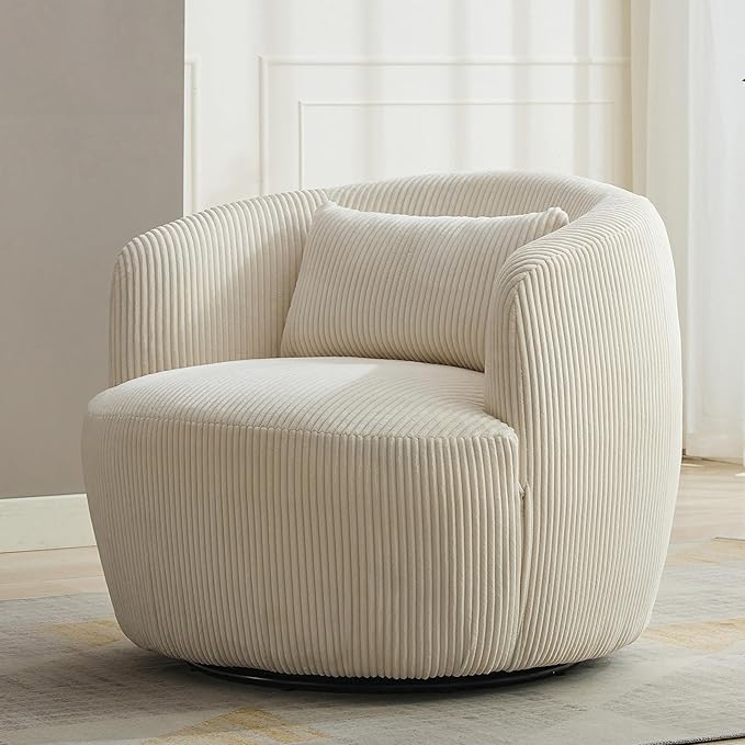 34.25 Swivel Barrel Chair Round Accent Barrel Chair Modern Wide Armchair Upholstered Corduroy Lounge Comfortable Sitting Single Seat Rotating Base for Living Room Office Chair Ivory