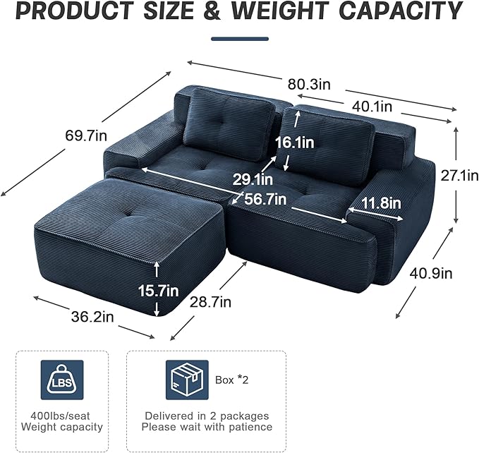 80 Modern Blue Corduroy Modular Boneless Sectional Couches for Living Room 2 Seater Deep Seat Compressed Sofa No Assembly Memory Foam Cloud Comfy Loveseat Couches with 1 Ottoman L Shaped