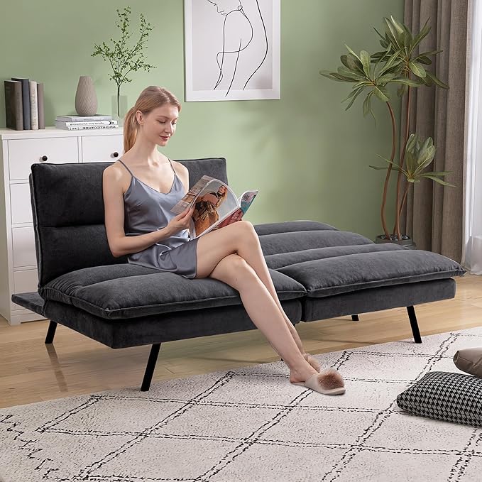 Memory Foam Futon Sofa BedLinen Fabric Futon CouchConvertible Armless FutonsSmall Splitback Loveseat Sleeper Sofa Bed for Living RoomOfficeApartmentPure Black