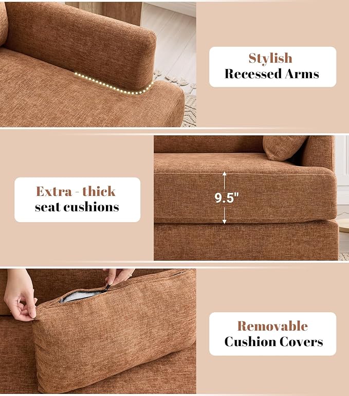 Kingfun 83 Chenille Sofa Modern Couch with Thickened Cushions Mid Century Couches with Solid Wood Frame Comfy Deeper Seats T-Cushion for Living Room and Bedroom Brown