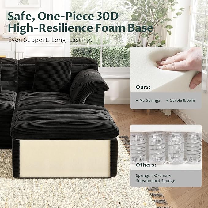 112 Modular Cloud Sectional Couch with Ottoman Modern Upholstered Compressed Sofa with Deep Seat Comfy L-Shape Corduroy Couches for Living Room No Assembly Required Black