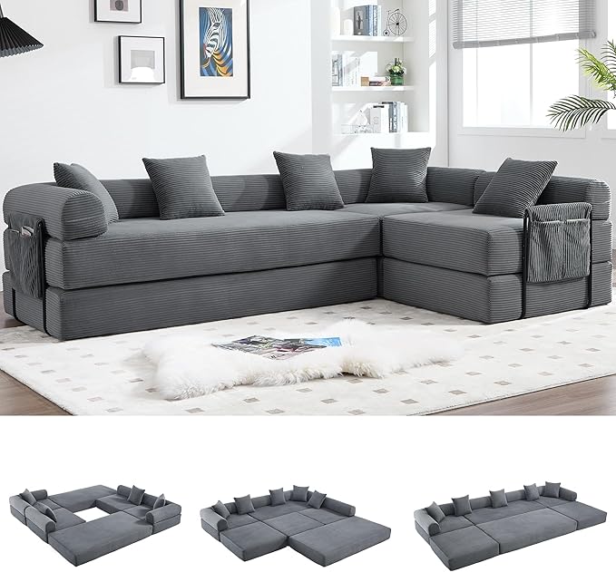 Oversized Modular Cloud Couch for Living Room Corduroy L-Shaped Sectional Sleeper Sofa Bed with Fixed-Shape Frame Modern Boneless Couch with Pillows &amp StorageGrey