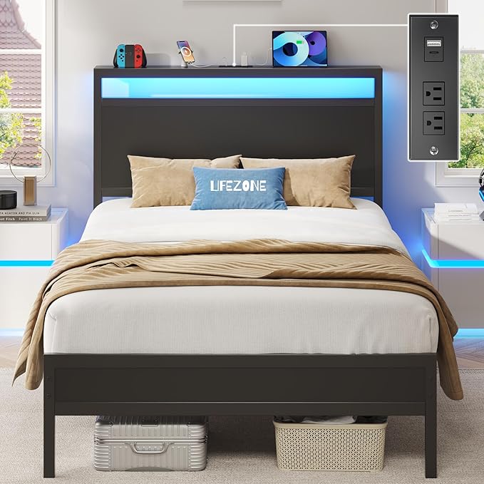 Twin Bed Frame with Headboard &amp Footboard Twin Bed Frame with Charging Station &amp LED Light Under-Bed-Storage No Box Spring Needed Noise Free Easy Assembly Classic Black
