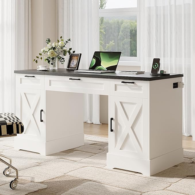 HOPUBUY Farmhouse Executive Desk with File DrawersWood Home Office Desk w/Charging StationAdjustable Storage CabinetsWhite Computer Writing Desk for WorkStudy