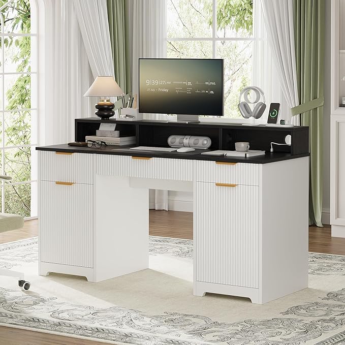 59 Executive Desk Fluted Office Desk with Power Outlets Long Monitor Stand Large Home Office Desks with 3 Drawers &amp 2 Storage Cabinet Computer Writing Desk for Study Bedroom White