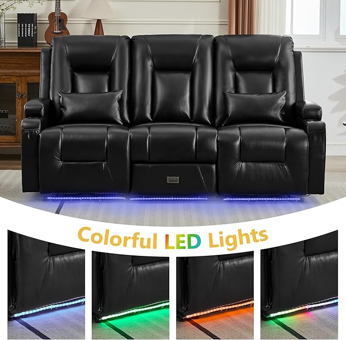 URRED Wall Hugger Power Recliner Sofa RV Double Reclining 3-Seater Couch for Living Room with LED Lights USB Ports Cup Holders and Side Pockets Outlets Drawer Faux Leather – Black