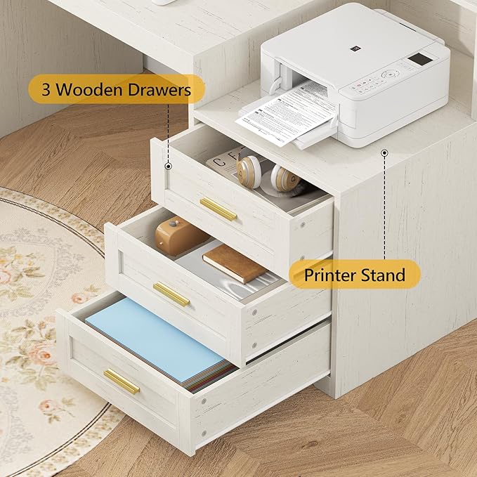TVU Farmhouse Computer Desk with Drawers 65'' Home Office Desk with Power Outlets Storage Cabinet and Printer Stand Study Writing Desks with Long Monitor Stand White