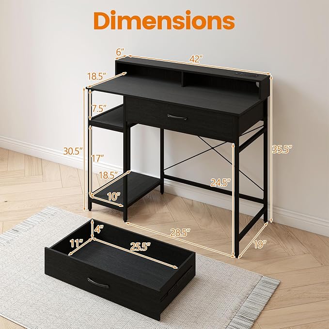 Giantex Computer Desk with Drawer 42 Small Computer Workstation w/Charging Station &amp Monitor Stand PC Laptop Desk w/Storage Shelves &amp Compartments Writing Desk for Small Space Home Office