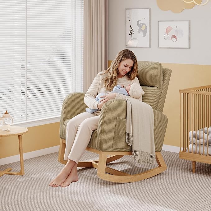 GarveeHome Corduroy Rocking Chair Modern Nursery Glider Chair with Side Pockets and Pillow Rocker Chair for Living Room Bedroom Nursing Room Brown