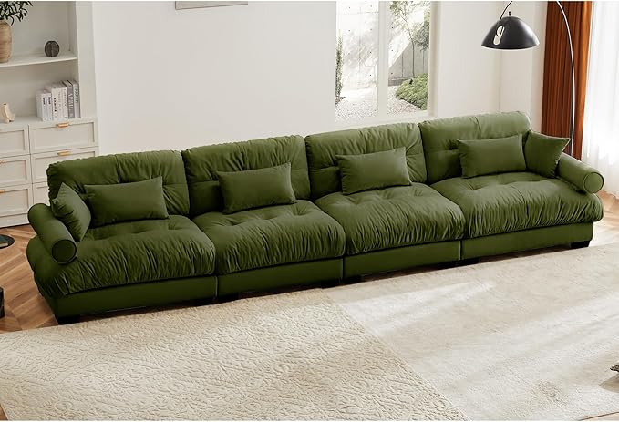 Setawix Luxury 4 Seater Sofa with Velvet Modern Cloud Couch with Comfortable ArmrestComfy Couches with Deep SeatExtra-Large Sofas for Living Room Bedroom(Olive)