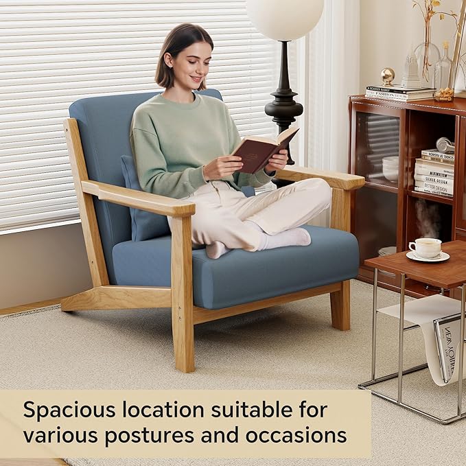 Solid Wood Accent Chair Mid-Century Modern Lounge Armchairs Fabric Upholstered Soft Comfy Living Room Chairs with Armrest Waist Cushion Pillow for Office Reading Waiting Room (Blue)