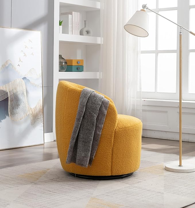 Swivel Barrel Accent Chair Modern Teddy Upholstered 360° Swivel Chair Leisure Chair Single Sofa for Adults Teens for Living Room Hotel Bedroom Office Coffee Shop (Yellow + Upholstered + Foam)