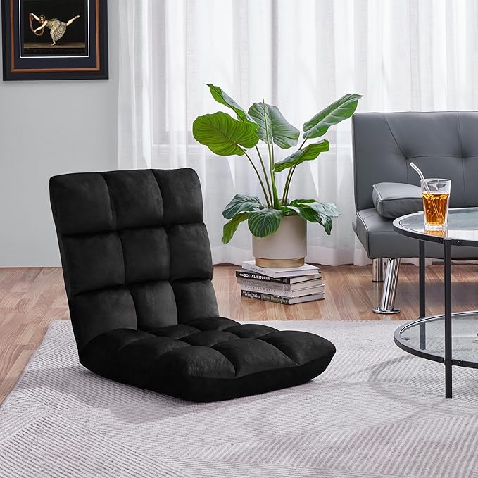 Topeakmart Living Room Floor Chair Folding Padded Lounge Chair with 14 Adjustable Position Meditation Chair Gaming Sofa with Backrest Lazy Sleeper Recliner for Living Room Bedroom Black 2pcs