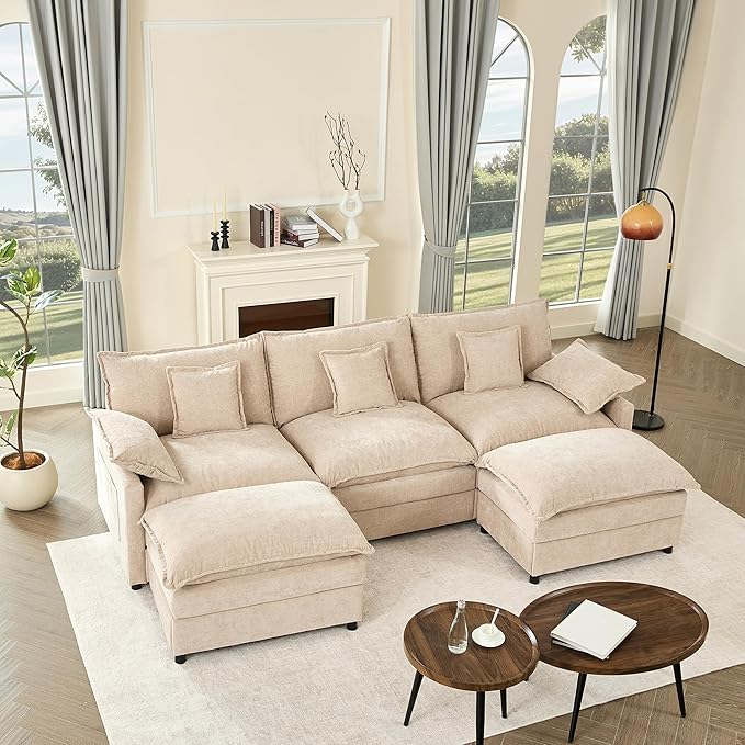 108 U Shaped Couch Modular Sectional Sofa 3-Seater Comfy Cloud Couch Set of Modular Pieces with Movable Ottoman Deep Seat Couches for Living Room Chenille Flat White