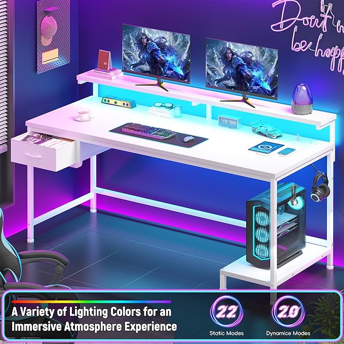 Computer Desk with Ergonomic Monitor Stand &amp CPU Stand47.2 Gaming Desk with 1 Drawer &amp Power Outlet &amp LED Lights for Home Work Bedroom Study and Gaming Small SpacesWhite
