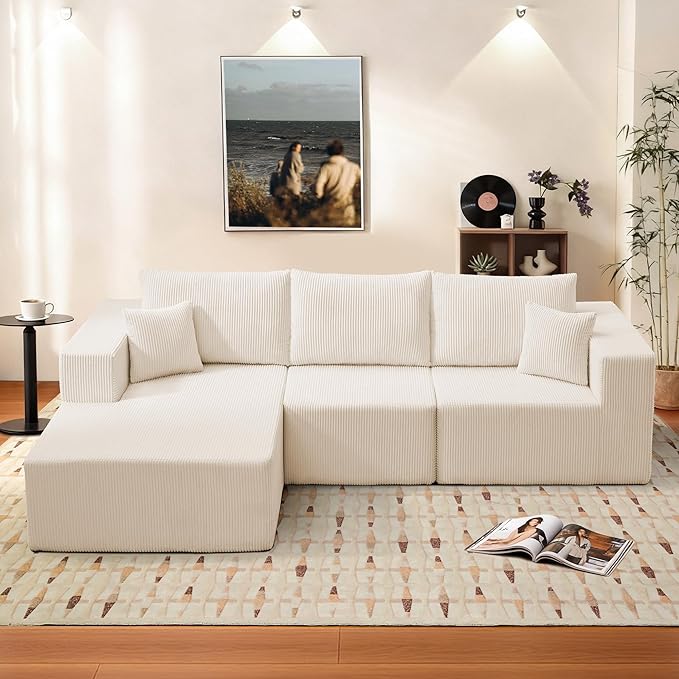 Modular Sectional Sofa for Living Room 108 Cloud Couch Sectional with L-Shape Chaise Modern Upholstered Corduroy Boneless Couch with Memory Foam Deep Seat No Assembly Required (Beige)