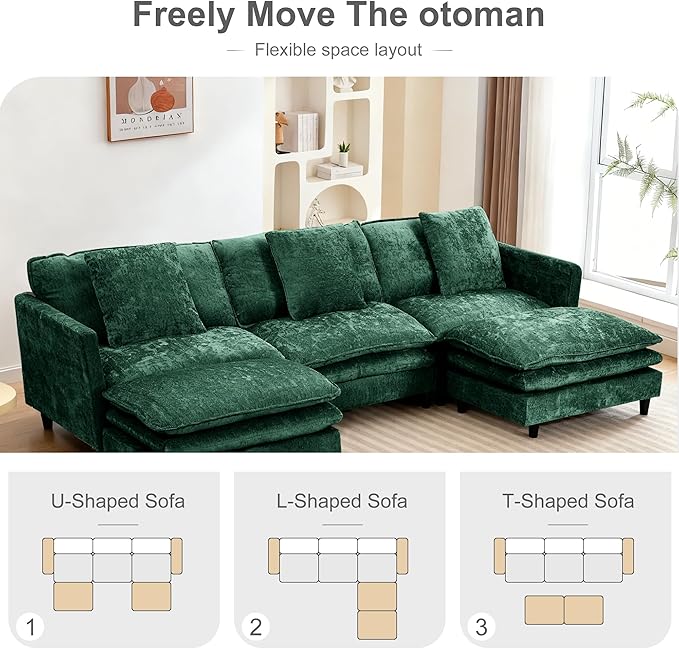 Modular Sectional Sofa143.31'' Modern Sofa Sleeper CouchComfy Cloud Couches with 3 Seat &amp 2 Ottoman &amp 3 Pillows Sofa SetDeep Seat Sofa with Movable Ottoman for Living RoomChenille(Green U