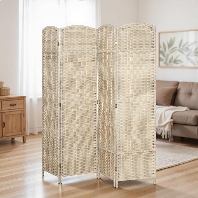 HOMCOM Room Divider 6 Ft 4 Panel Folding Privacy Screen Hand-Woven PP Wall Partition with Pine Wood Frame Freestanding Room Separator for Bedroom Home Office No Assembly Washed Oak