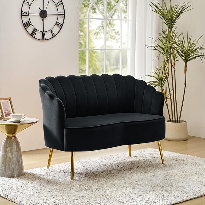 Velvet Upholstered Loveseat Sofa with Gold Metal Legs Modern Comfy Small Love Seat with Flower Shaped Back 2-Seater Sofa Accent Couch for Living Bedroom Leisure Areas