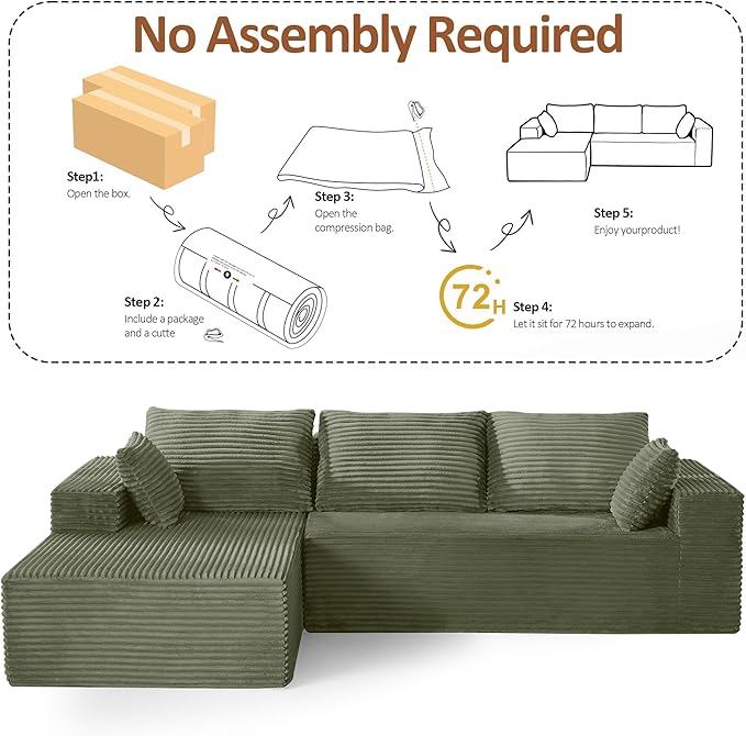 110 Boneless Sectional Couch with Chaise Lounge Cloud Couch Compressed Sofa L Shape No Assembly Memory Foam Sofa for Living Room Green Corduroy