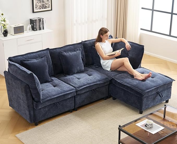 103 Modular Sectional Sofa L-Shaped Corduroy Comfy Sectional Couches for Living Room 3-Seater Cloud Couches with 1 Ottoman Modern Deep Seat Sofa with Large Storage Blue