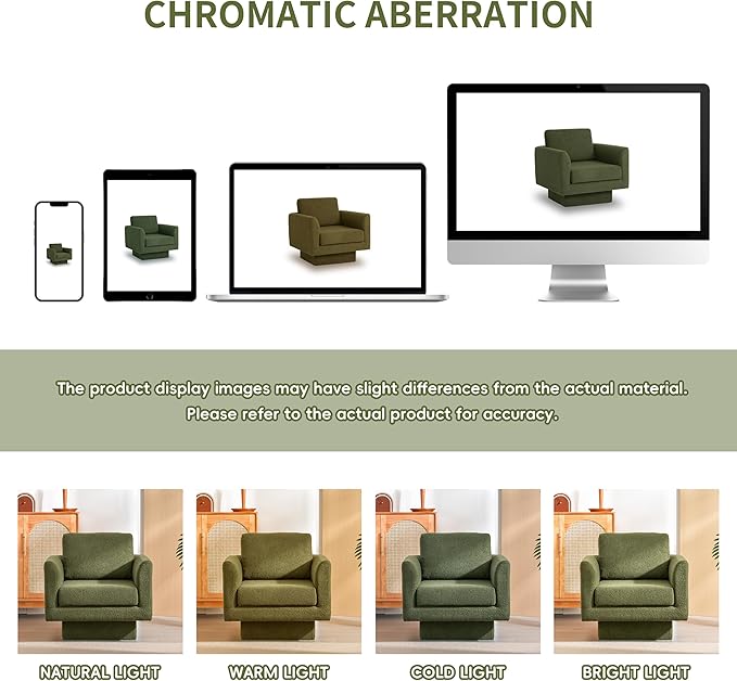 360° Swivel Modern Accent Chair 30 W Teddy Velvet Sherpa Fabric Armchair Thick Padded Upholstered Barrel Chair Comfy Lounge Sofa Reading Club Chair for Living Room Bedroom Nursery (Green)