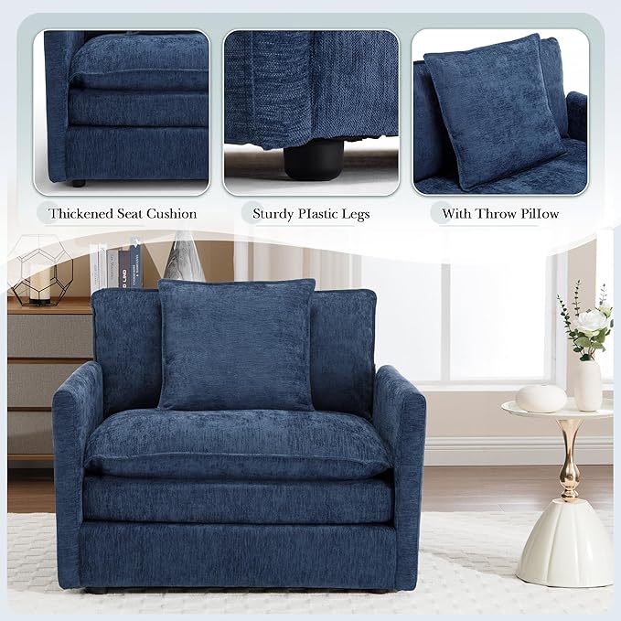 SLEERWAY Oversized Chair with Ottoman Set Modern Comfy Living Room Chenille Single Large Cloud Couch Lounge Chair Indoor for Bedroom Office Apartment Blue