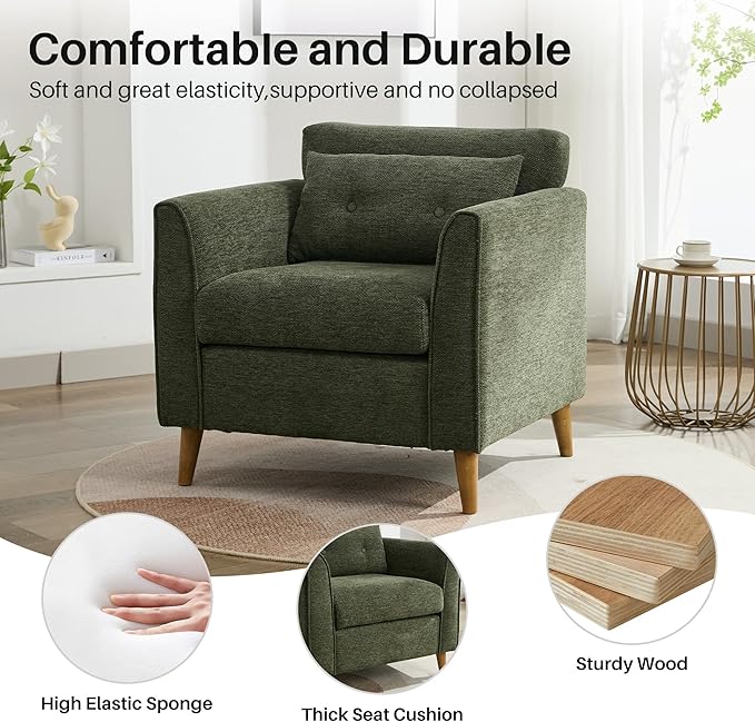 Modern Accent Chair with Wooden Legs Plush Fabric Armchair Cozy Reading Chair for Living Room Bedroom Study (Green Armchair)