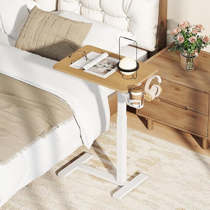 GOFLAME Rolling Standing Desk C Shaped End Table Adjustable Height with Hidden Wheels Cup Holder &amp Headphone Hook Mobile Sofa Couch Bed Side Table for Living Room Home Office (Natural)