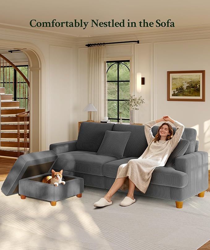 87.2 Couches for Living Room Comfy Grey Couch 7.5 Extra Thick Cushion Sofas for Living Room Tool-Free Setup Loveseat Sofa 848lbs Support Corduroy Couch for Bedroom Apartment Office