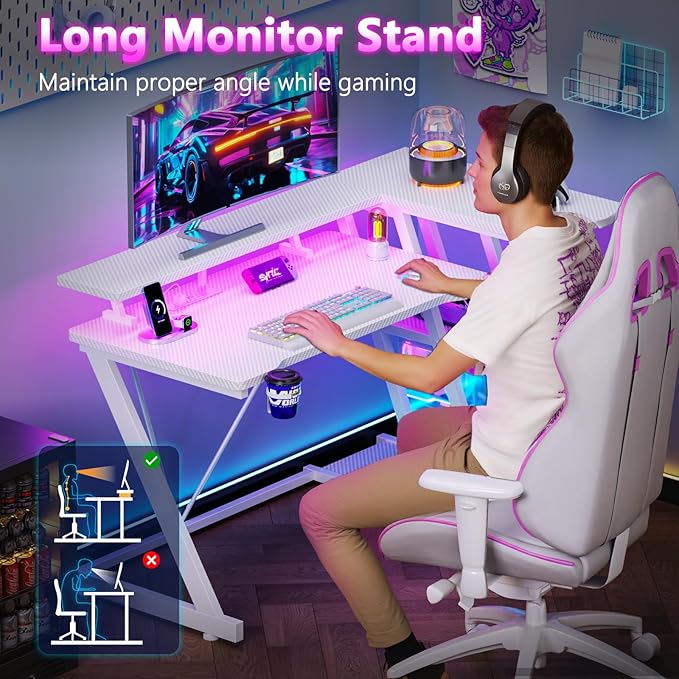 40 Inch Gaming Desk with Power Outlet &amp LED Lights L Shaped Computer Gaming Table with 3 Tiers Storage Shelves Corner Gamer Desk with Monitor Stand for Small Space Carbon Fiber White